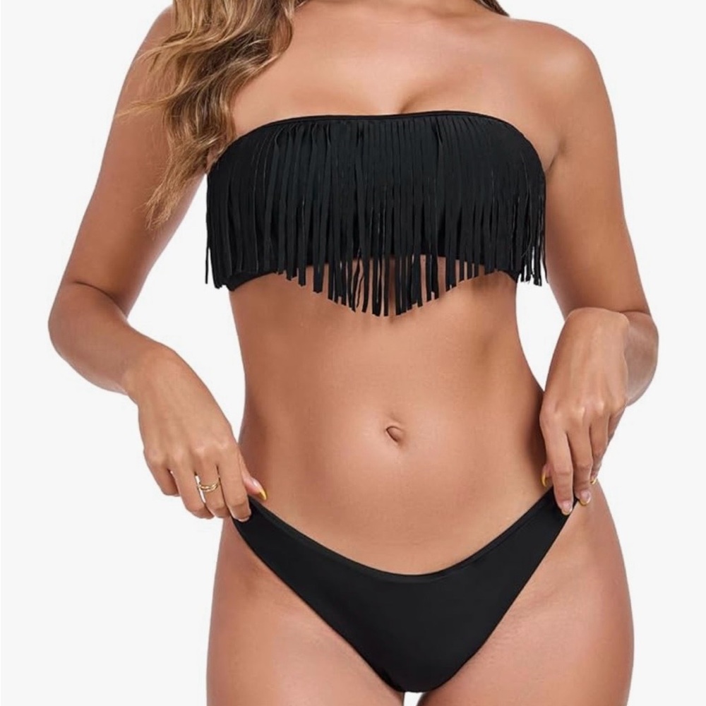 RELLECIGA Black Fringe Bandeau Bikini Size Small